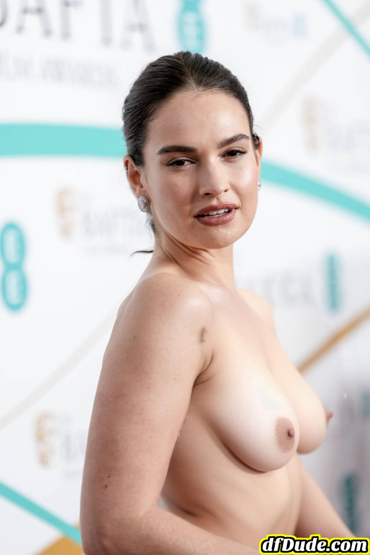 Lily James topless at the 76th EE British Academy Film Awards (BAFTA 2023) at the Royal Festival Hall in London, UK